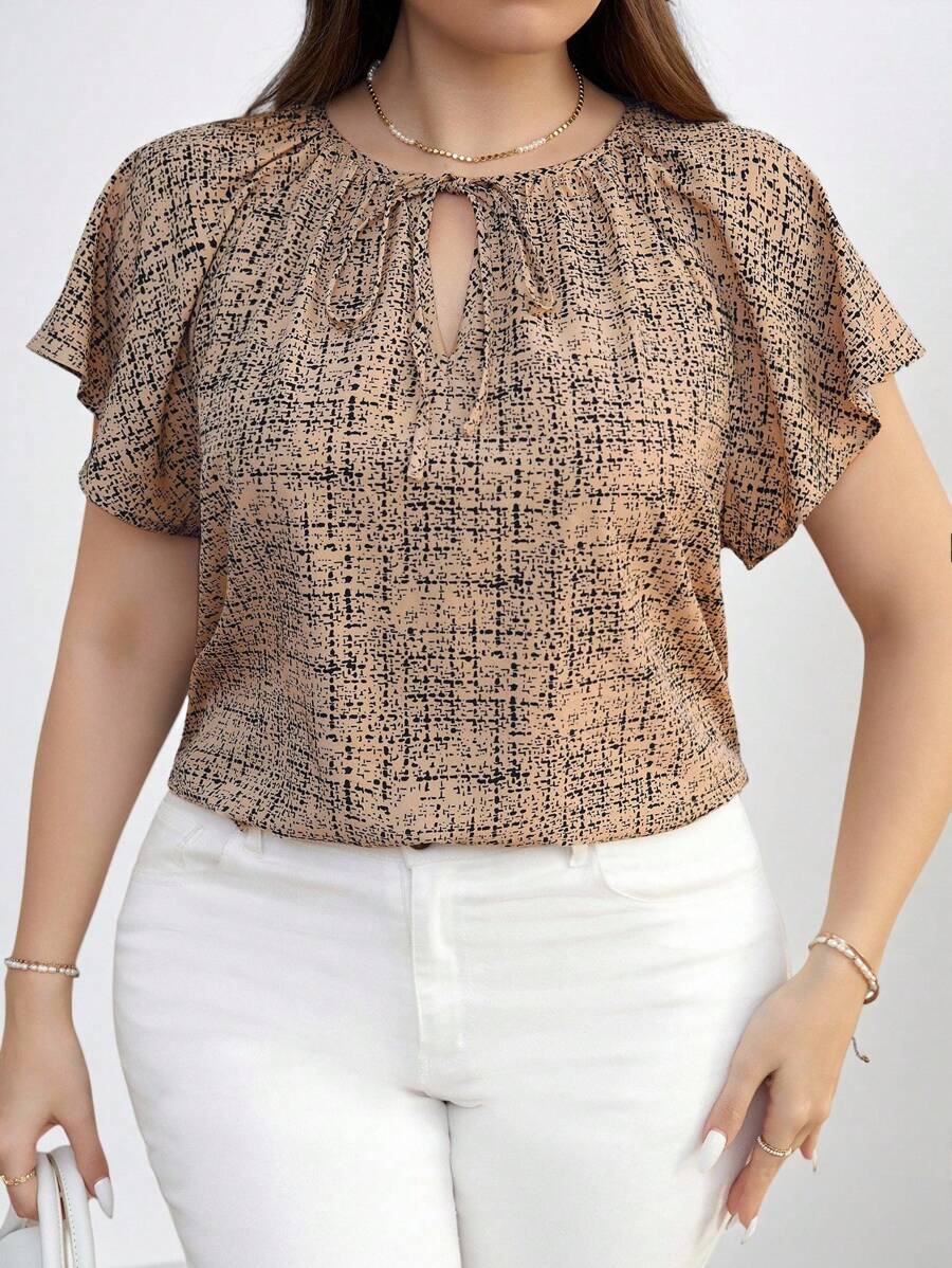 SHEIN Clasi 大码女式镂空胸前短袖衬衫