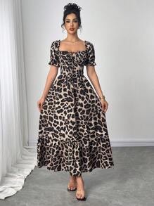 Breezaya 女士方领蝴蝶结豹纹交叉后背系带长裙 - 彩色 - 查看 3