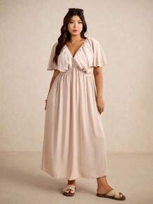 Elaquor Đầm suông tay bồng cổ chữ V màu trơn đơn giản mùa hè cỡ lớn cho nữ - Màu be - Xem 6