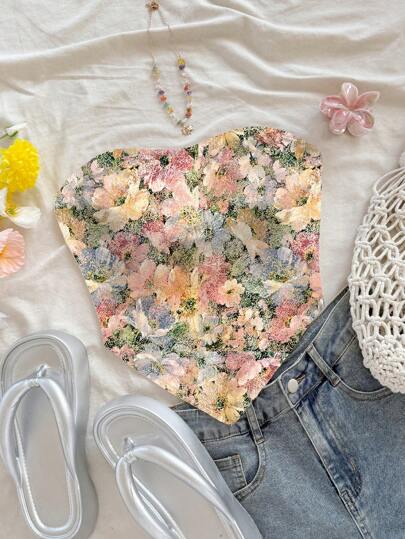 Soleia 女士花卉印花不对称下摆抹胸上衣，适合度假