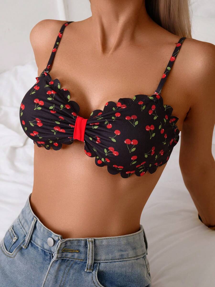 Swim Mod Women's Sweet Cherry Print Ruffled Trim Beach Halter Swimwear Top, Summer - Multicolor - View 1