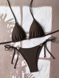 SHEIN Swim Conjunto de 2 piezas de bikini sexy de color marrón con estampado de conchas marinas para mujeres