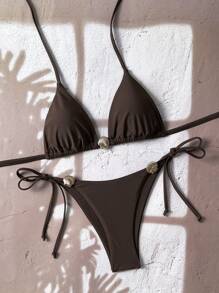 SHEIN Swim Conjunto de 2 piezas de bikini sexy de color marrón con estampado de conchas marinas para mujeres - Marrón - Ver 1