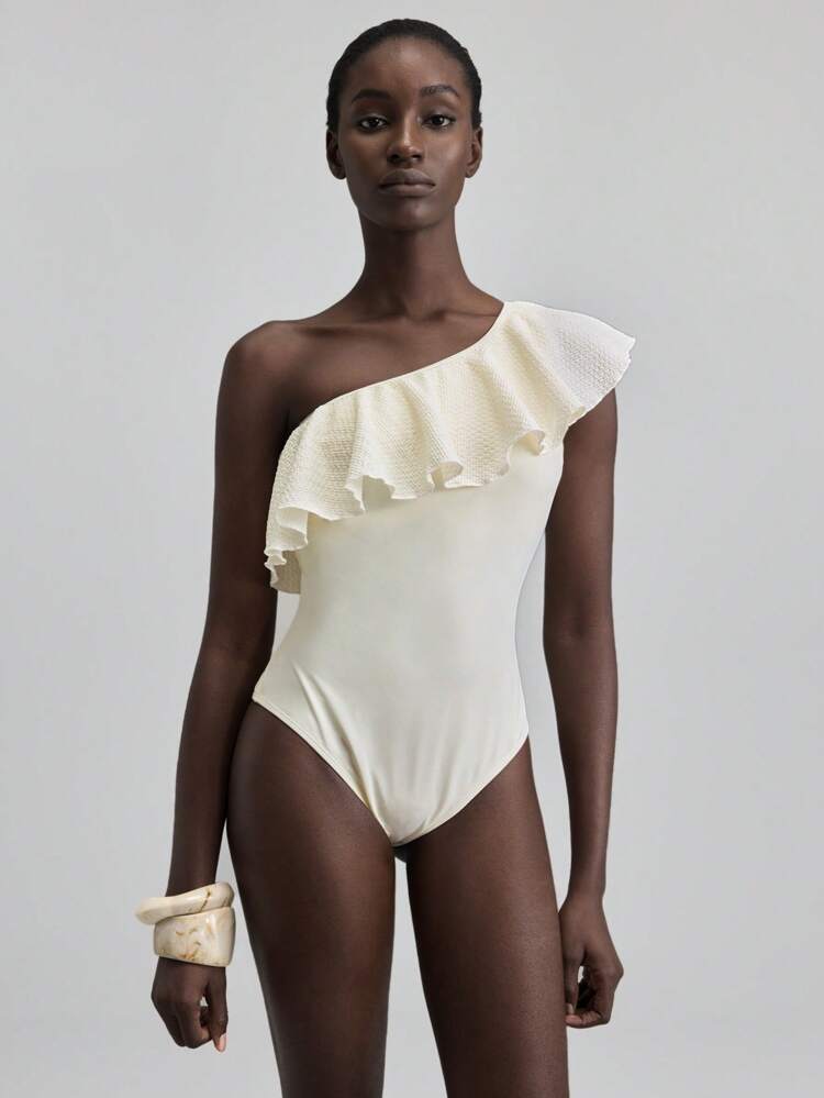 Women's Beach Swimsuit, Ladies' Comfortable Casual Wear, Women's Clothing, Comfortable Casual Style, Comfortable Casual Apparel, Women's One-Piece Swimsuit, White, Ruffle Trim, Asymmetric Shoulder, Slip-On, Suitable For Swimming, Spring/Summer Wear, 2025 New Swimwear Collection, Beach Swimsuit, Comfortable Casual Swimwear