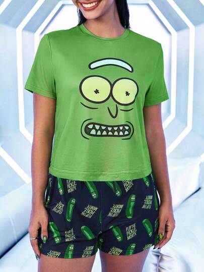 Rick and Morty X SHEIN Women Cartoon Print Short Sleeve Top And Shorts Pajama Set