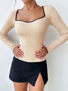 Firerie Áo len dệt kim họa tiết jacquard đơn giản thanh lịch giản dị đa năng vừa vặn màu tương phản cho nữ, áo dài tay - Màu be - Xem 6