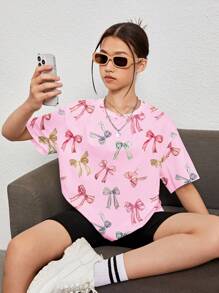 SHEIN 青少年女孩休闲简约宽松针织T恤，适合夏季 - 彩色 - 查看 3