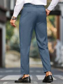 Manfinity Bizformal Men's Solid Color Pleated Front Pocket Straight Leg Casual Pants - Blue - View 4