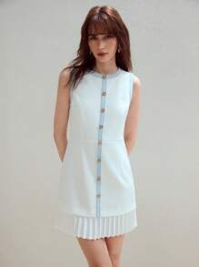 MOTF STUDIO CONTRAST TAPE TRIM PLEATED HEM DRESS - White - View 5