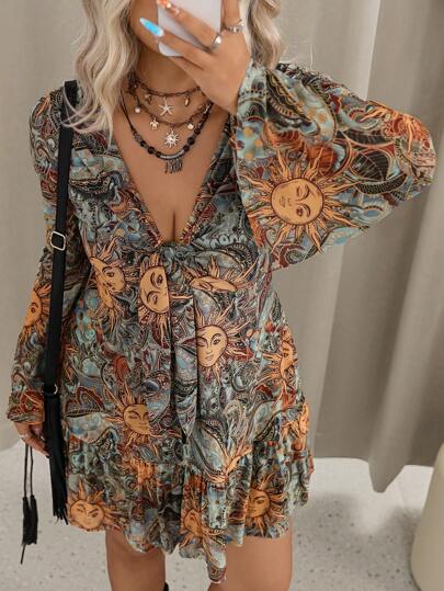 Freevana Plus Size Women Sun Face Print Flared Sleeve Casual Dress