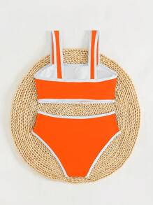 Conjunto de bikini minimalista de 2 piezas con doble tira, en colores blanco y negro, adecuado para nadar y la playa - Naranja - Ver 4