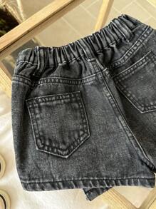 SHEIN Young Girl Black Denim Shorts Spring And Summer Casual Vacation Country Boho Wear