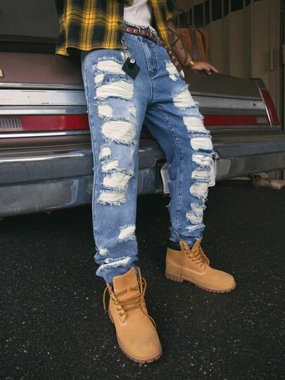 AXEPEAK Jeans casuales y versátiles para hombre con pierna recta y bolsillos rotos