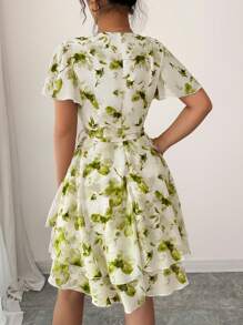 Rafferiza Printing V-Neck Ruffle Sleeve Spring Women Dress - Green - View 2