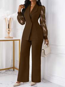 2pcs Women's Business Office Wear Embroidered Details Double-Breasted Fitted Blazer & Pants Set Fall Cloth For Women - Mocha Brown - View 1
