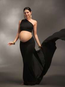 Cheriluna Maternity Luxury Elegant Shawl Photography Robe For Maternity Photos, Baby Christening Parties - Black - View 7