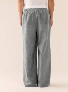 SWAVVY 男士梭织休闲日常宽松条纹拼接腰带直筒裤，适合学校、秋季穿着 - 黑與白 - 查看 2