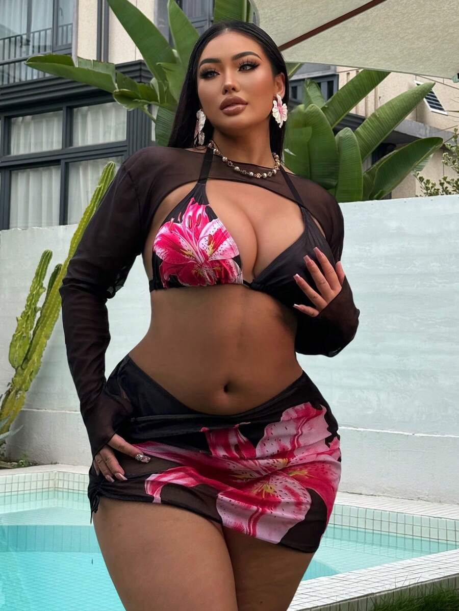Swim SXY Plus Size Women Floral Print Halterneck Lace-Up Sexy Bikini Set With Kimono Cover-Up And Skirt Set, Summer Beach Mesh 3 Piece Swimsuit Floral 3 Piece Swimsuit - Multicolor - View 1