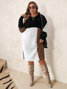 SHEIN Clasi Váy len ấm áp mùa thu đông cổ tròn tay dài xếp ly màu thanh lịch cỡ lớn cho nữ, trang phục công sở, váy dự tiệc cưới mùa thu, - Nhiều màu - Xem 6
