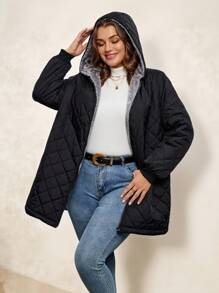 SHEIN Clasi Plus Size Casual Solid Color Diamond Quilted Padded Hooded Jacket For Winter - Black - View 3