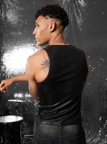 FeverCity Men's Crew Neck, Tight Fit, Ribbed Side Trim Top Tank Top - Black - View 2