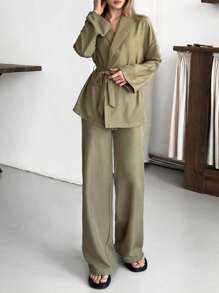 EURMUSE Conjunto de dos piezas de lino elegante con detalle de nudo de manga larga color caqui verdoso para mujer - Verde militar - Ver 3