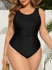 Swim Lushoire Plus Size Women One-Piece Swimsuit, Solid Black Color, Beach Party Holiday Swimming Wear For Summer Beach Vacation
