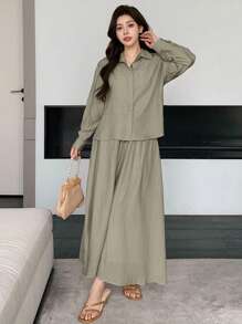 DAZY Set de 2 piezas de blusa de manga larga y falda mini de unicolor casual para mujer, ropa de otoño, ropa de vuelta al colegio