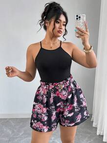 SHEIN Clasi Ensemble 2 pièces casual : Débardeur unicolore col rond grande taille et short imprimé floral avec poches - Multicolore - Voir 5