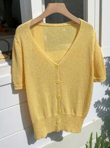 Comfortcana Butter Yellow Women V-Neck Short Sleeve Single-Breasted Knitted Sweater Top Women Summer Clothing Yellow Knitted Women Summer Sets Yellow Blouse Summer Cardigan For Women Cardigan For Women For Summer - Yellow - View 3