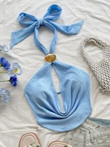 Soleia Top casual sin mangas de mujer para vacaciones, con cuello cruzado drapeado y espalda abierta con mariposa anudada, hecho de tela texturizada de punto, con decoración de concha metálica, para fiestas, citas, sexy, té de la tarde, playa, verano