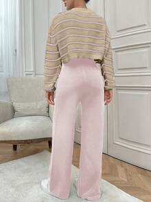 SHEIN Cottnline 女士条纹图案前扣开衫和毛衣裤套装 - 藕粉色 - 查看 3