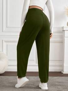 Pantalones harem casuales de maternidad con detalles de cintura ajustable y plisado de unicolor - Verde - Ver 2