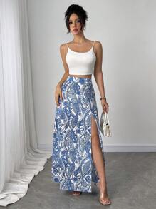 Breezaya 女士蓝色佩斯利印花高开衩性感甜美A字裙 - 藍色 - 查看 4