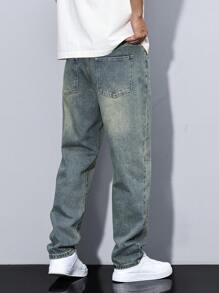 Manfinity Homme Men's Plus Size Straight Leg Loose Casual Pockets Jeans Streetwear Men Jeans Man Clothes Men Jeans