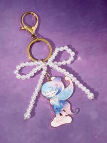 Pop Mart Azura X SHEIN Exquisite Handmade Beaded & Faux Pearl Bow Cartoon Pattern Metal Keychain Bag Charm, Dreamy