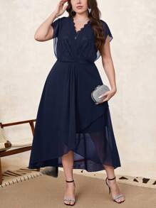 SHEIN Clasi Plus Size Women Solid Color Contrast Lace Batwing Sleeve Elegant Dress - Navy Blue - View 3
