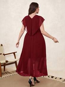 SHEIN Clasi 大码女式纯色撞色蕾丝蝙蝠袖优雅连衣裙 - 酒紅色 - 查看 2