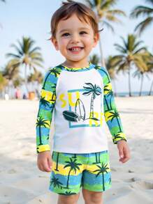 2pcs/Set Baby/Toddler Boys Long Sleeve Rash Guard UV Protection Swimwear (Printed Design) - Multicolor - View 1