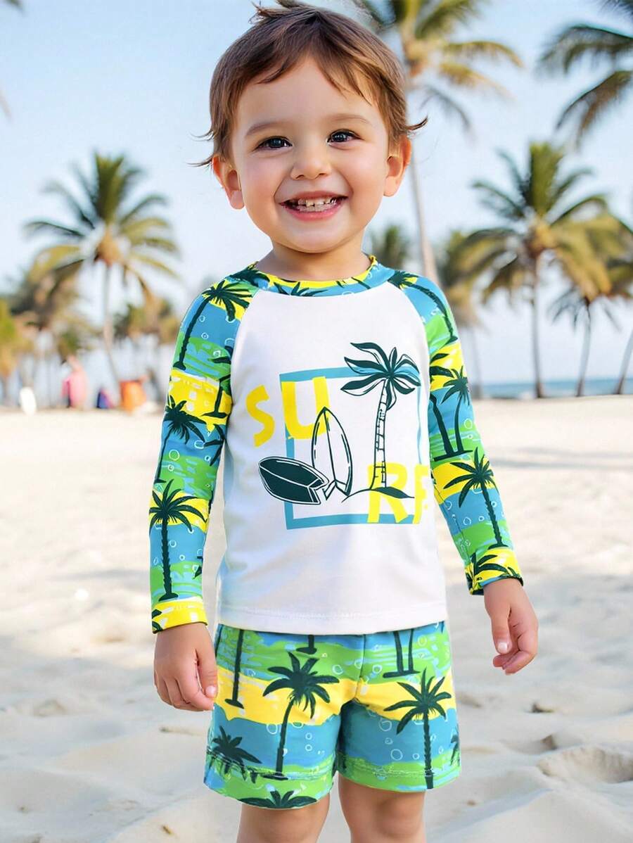 2pcs/Set Baby/Toddler Boys Long Sleeve Rash Guard UV Protection Swimwear (Printed Design) - Multicolor - View 1