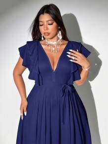 Viva Relle Plus Size Women Elegant Romantic Tie-Up Deep V-Neck Ruffle Sleeve A-Line Chiffon Dress - Navy Blue - View 5