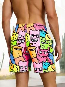 Manfinity Swimmode Men's Casual Cartoon Monster Print Drawstring Waist Side Pocket Beach Shorts, Summer - Multicolor - View 2