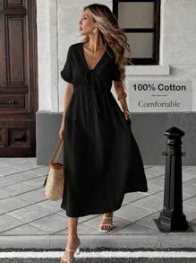 Easowa Black Bowknot Casual Midi Dress For Women,Boho Clothes Women - Black - View 2