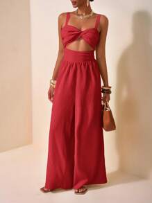 Zivah 2025新款春夏休闲度假扭纹吊带镂空后背纹理面料女长款阔腿裤卡其色婚礼季音乐节派对街头沙滩海边度假波西米亚风-A - 紅色 - 查看 5