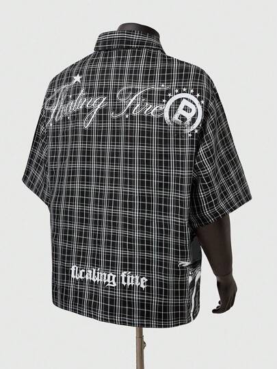 Street Life Men's American Street Style Graphic Short Sleeve Shirt,English Angel Child Print Plaid Design