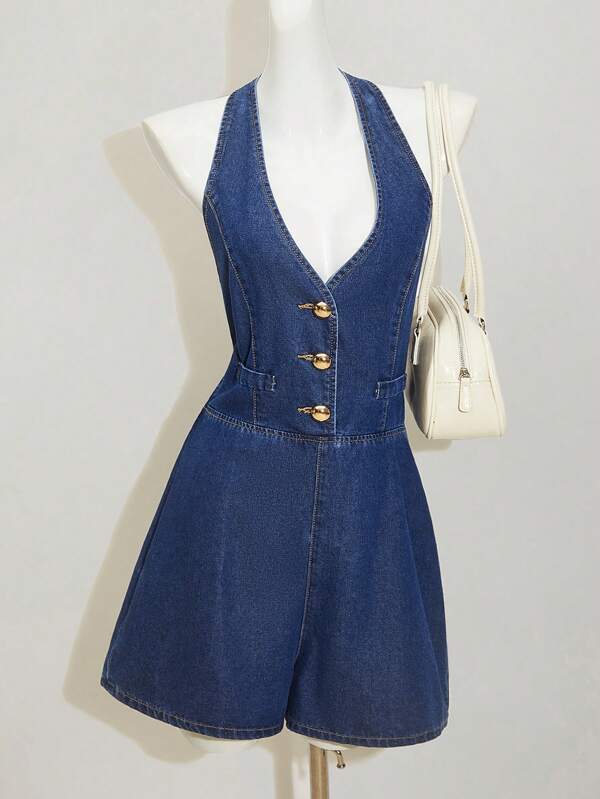 SHEIN MOD Tuta casual in denim da donna con scollo ad aletta e bottoni sul davanti