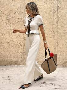 SHEIN Frenchy 2pcs Women Fashion Casual Long Pants & Contrasting Edges The Lotus Leaf Puff Sleeves Top Set,Colorblocked Trimmed Front Center Tie Short Sleeve Top And Pants Set,Waist-Slimming Ruffled Hem Design,Fashion And Romantic Commuting,Contrast Edge, Linen-Like Bamboo Pattern Stretch Fabrics,For Daily Wear Summer - Apricot - View 7