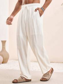 Manfinity VCAY Retro Linen Casual Pants For Men, Solid Color Versatile With Drawstring, Suitable For Summer Men White Linen Pants White Baggy Pants Loose Pants Boho Pants Men White Linen Drawstring Pants