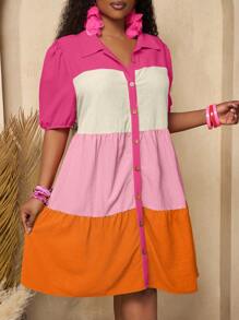 Slaydiva Nuovi arrivi primavera/estate 2025, regalo per la festa della mamma, abito casual estivo, abito basic per vacanza, abito ampio a blocchi di colore con maniche a palloncino e scollo aperto