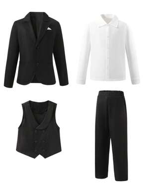 4pcs Set Spring/Summer Tween Boy Grey & Black Suit: Jacket + Vest + White Shirt + Trousers, Elegant Formal Outfit For Birthday Party, Evening Event, Wedding, Suitable For Business, Romance, Casual Outing
